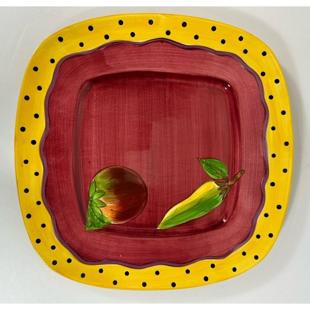 Laurie Gates Square Dinner Plate 11 3/8" Veg Dot Tomato Pepper Red Yellow